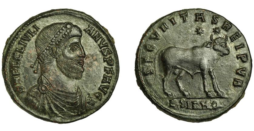 282   -  JULIANO I. AE-1. Sirmium (361-363). R/ Toro a der.; SECVRITAS REI PVB, marca de ceca BSIRM corona. AE 8,91 g. 28,3 mm. RIC-105. Trazas de limpieza mecánica. Pátina verde.