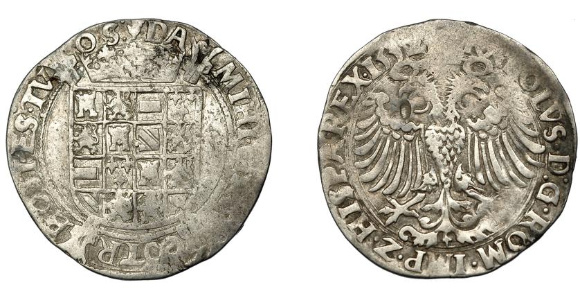 448   -  CARLOS I. 4 stuiver. 1552. Brujas. AR 4,27 g. 30,5 mm. Vanhoudt-226 B6. Golpe en anv. MBC-/BC+.