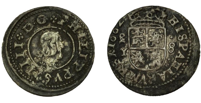 469   -  FELIPE IV. 8 maravedís. 1662. Madrid. MD Y. valor con número arábigo. AC-363 vte. (MD nexadas). Rebaba. BC+/MBC-.