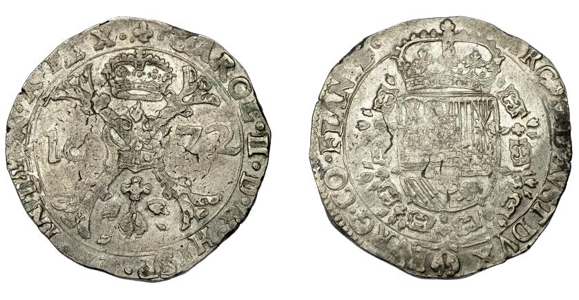 484   -  CARLOS II. Patagón. 1672. Brujas. AR 28,14 g. 42,2 mm. VTI-434. Vandhoutd-698 B6. Leve plata agria. MBC.