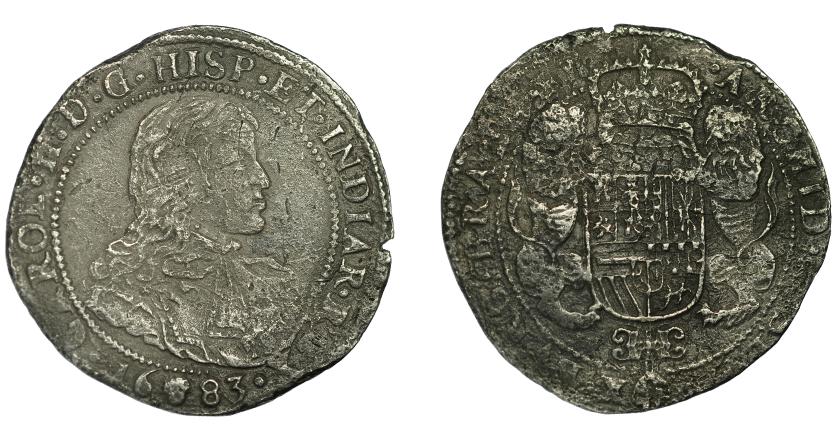 485   -  CARLOS II. Ducatón. 1683. Bruselas. DEL-332 (R2). Superficies erosionadas. BC+. Rara.