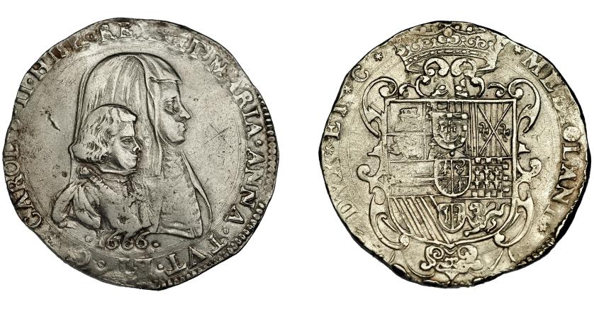 487   -  CARLOS II Filipo. 1666. Milán. A/ Busto de Carlos y Mariana de Austria. Crippa-2. Olivares-277. Rayitas en anv. MBC+/EBC-. Muy escasa.