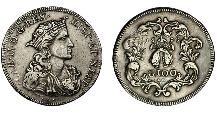 488   -  CARLOS II. Ducado. 100 grani. 1693. Nápoles. Rayitas en rev. MBC.