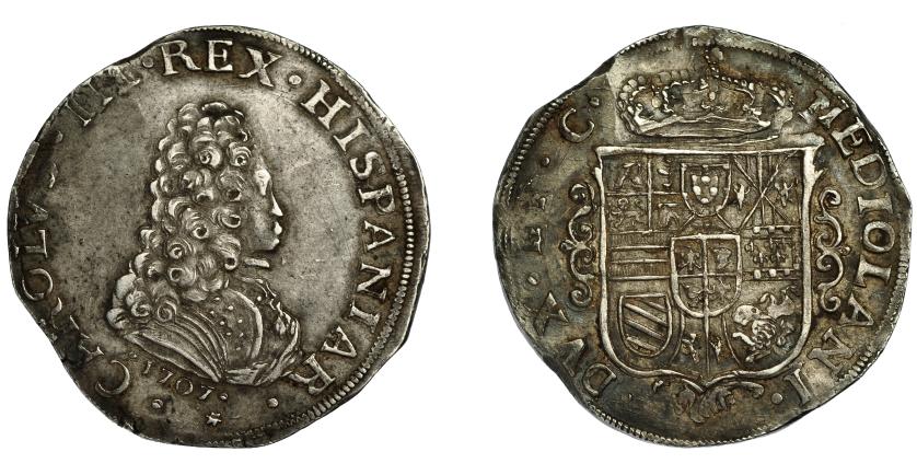 492   -  CARLOS III, PRETENDIENTE. Felipe. 1707. Milán. CR-1. Olivares-293. Rara. MBC+.