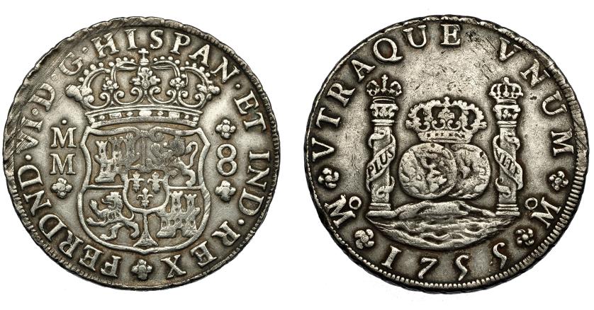 496   -  FERNANDO VI. 8 reales. 1755. México. MM. VI-366. Rayas de ajuste. MBC.