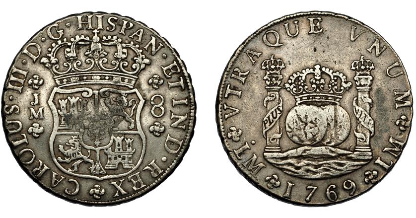 506   -  CARLOS III. 8 reales. 1769. Lima. JM. Coronas reales. Punto en la primera marca de ceca. VI-880. Pequeñas marcas. MBC.