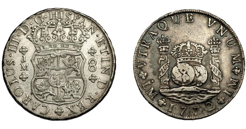 508   -  CARLOS III. 8 reales. 1772. Lima. JM. Punto en la primera marca de ceca. VI-885. MBC/MBC-. Escasa. 