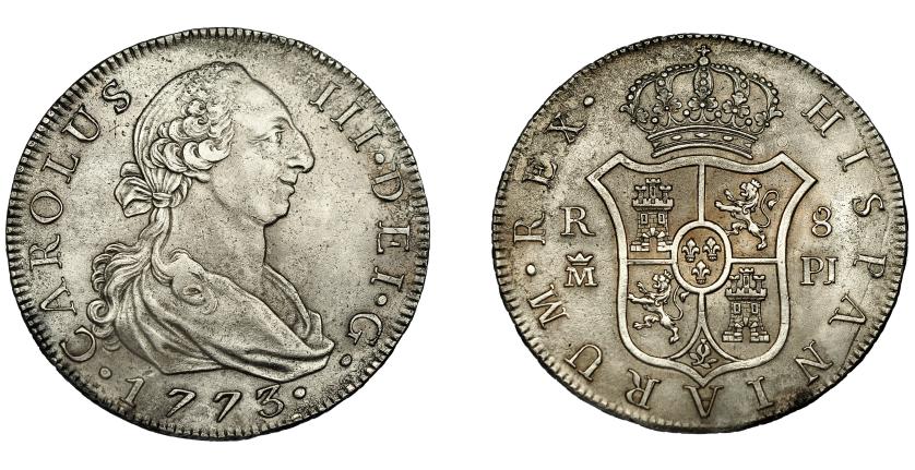 509   -  CARLOS III. 8 reales. 1773. Madrid. PJ. VI-910. Oxidaciones limpiadas. MBC+/EBC-. Rara.