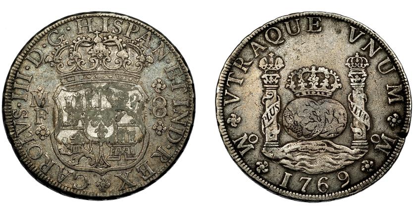 517   -  CARLOS III. 8 reales. 1769. México. MF. VI-927. Pequeño defecto de cospel en gráfila. MBC-.