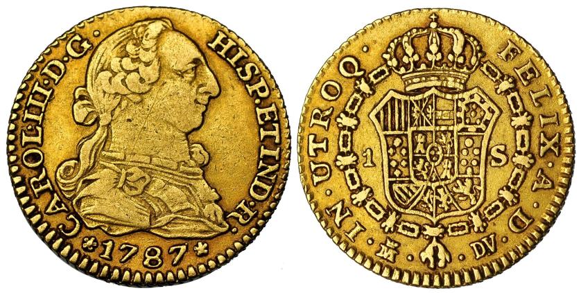 528   -  CARLOS III. 1 escudo. 1787. Madrid. DV. VI-1120. Pequeñas marcas. MBC.