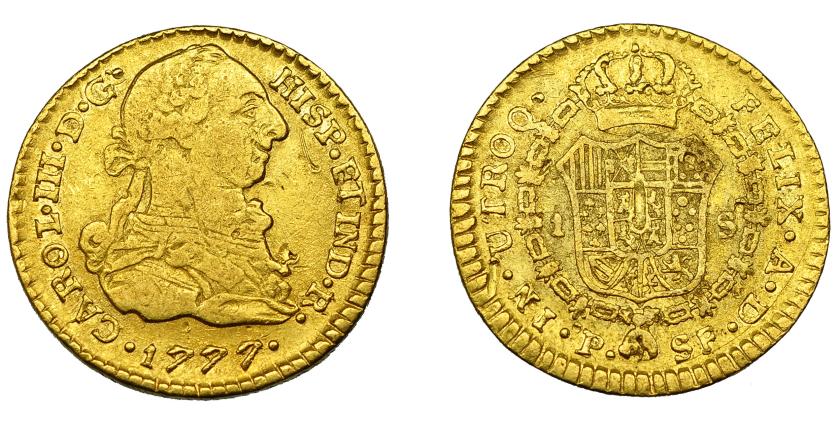 531   -  CARLOS III. 1 escudo. 1777. Popayán. SF. VI-1200. Rayas en anv. y rev. BC+.