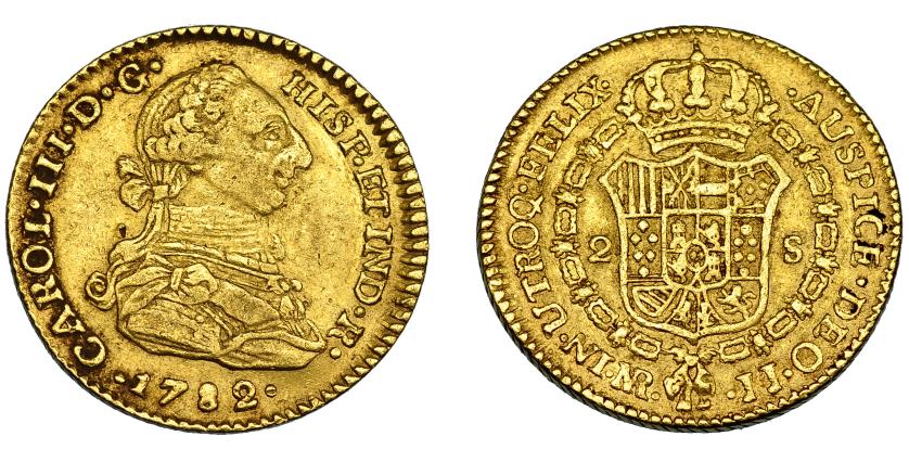 538   -  CARLOS III. 2 escudos. 1782. Nuevo Reino. JJ. VI-1354. Golpecito en anv. MBc.