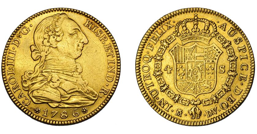 539   -  CARLOS III. 4 escudos. 1786. Madrid. DV. VI-1470. Pudo estar engarzada. Ligeramente abrillantada. Pequeñas marcas. MBC.