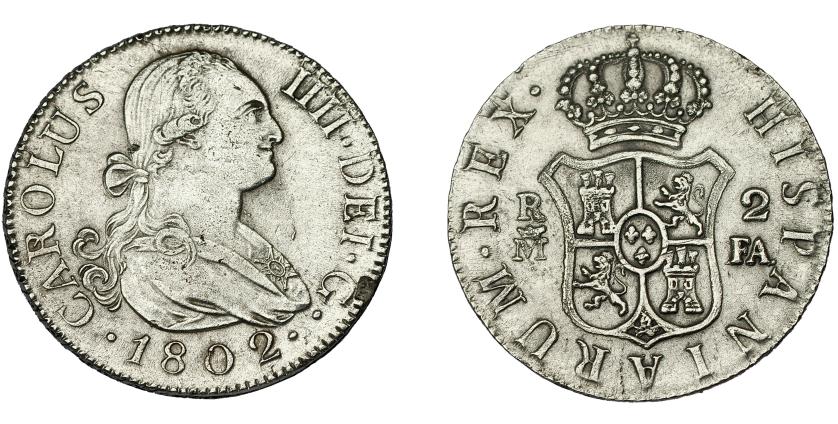 545   -  CARLOS IV. 2 reales. 1802. Madrid. FA. VI-508. Pequeñas marcas. MBC.