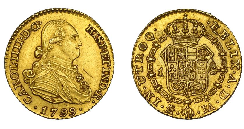 562   -  CARLOS IV. 1 escudo. 1799. Madrid. FA. VI-914. Raya en anv. Rebaba en rev. MBC+. Escasa.