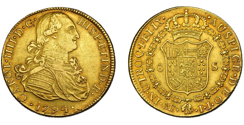 568   -  CARLOS IV. 8 escudos. 1794. Lima. IJ. VI-1300.Pequeñas marcas. MBC/MBC+. Ex col. Godoy.