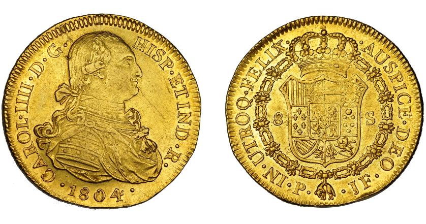 569   -  CARLOS IV. 8 escudos. 1804. Popayán. JF. VI-1384. Pequeñas marcas. EBC-.