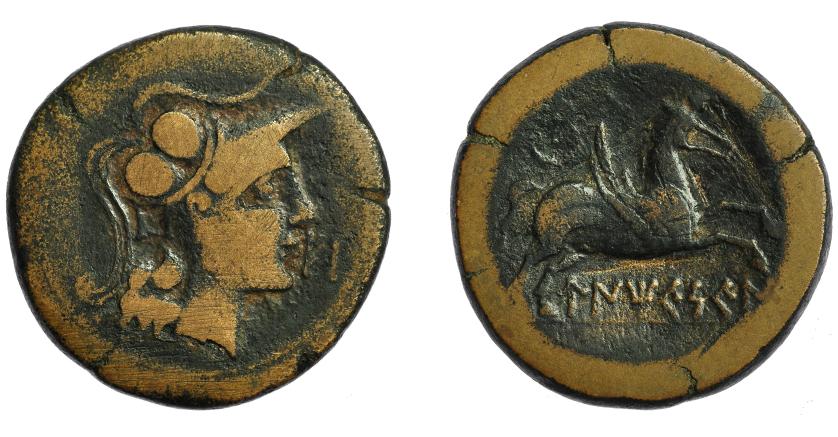 57   -  UNTIKESKEN. As. A/ Cabeza de Palas a der., delante letras EBa. R/ Pegaso a der. con cabeza modificada, encima láurea, debajo sobre línea UNTiKeSKeN. AE 22,10 g. 33,8 mm. CNH-14. I-1211. ACIP-1007. BC+/MBC-. Muy escasa.