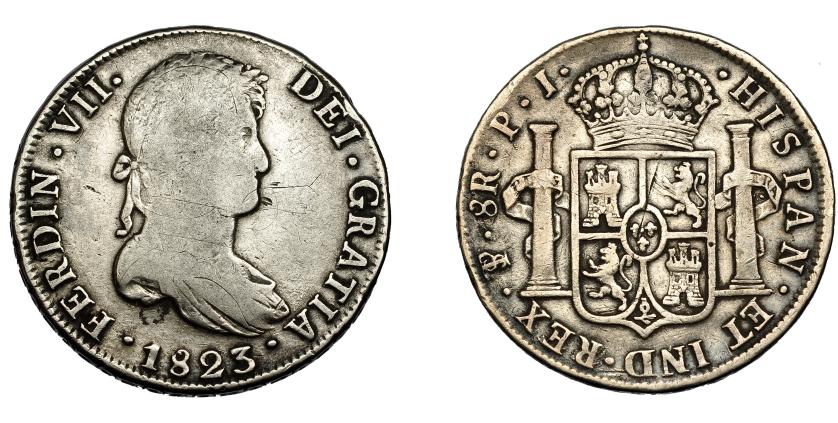 591   -  FERNANDO VII.  8 reales. 1823. Potosí. PJ. VI-1144. Rayitas. BC+/MBC-.