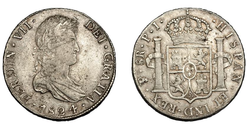 592   -  FERNANDO VII.  8 reales. 1824. Potosí. PJ. VI-1145. Pequeñas marcas. MBC-/MBC.