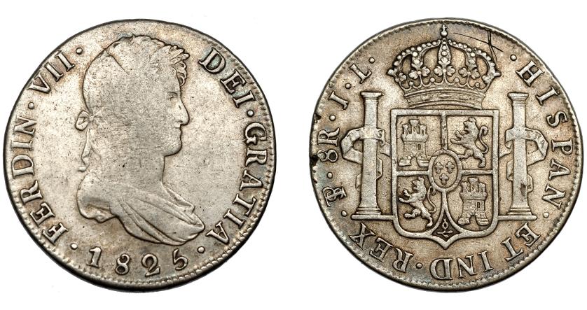 593   -  FERNANDO VII.  8 reales. 1825. Potosí. JL. VI-1148. Marca de rotura de cuño en anv. Rayitas en rev. MBC-/MBC.