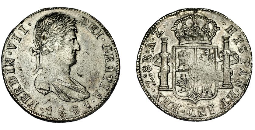 594   -  FERNANDO VII. 8 reales. 1821. Zacatecas. AZ. VI-1210. Pequeñas marcas y vano en rev. MBC+. Escasa.