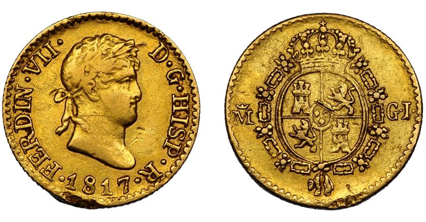 595   -  FERNANDO VII. 1/2 escudo. 1817. Madrid. GJ. VI-1222. Golpes en gráfila y rev. MBC.