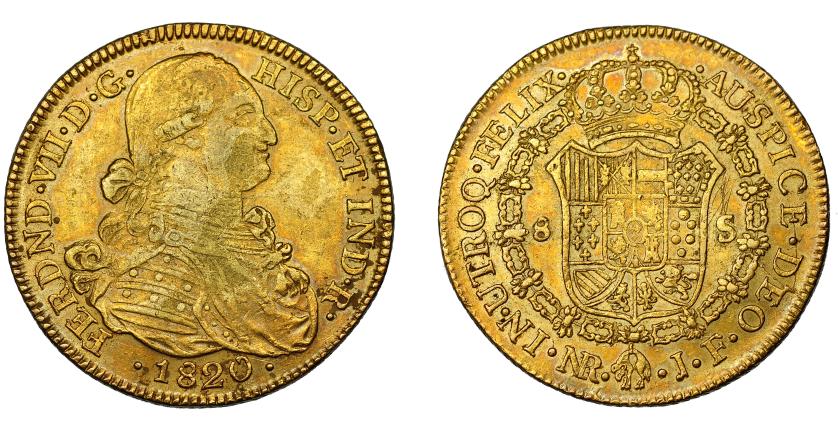 599   -  FERNANDO VII. 8 escudos. 1820. Nuevo Reino. JF. VI-1509. Rayitas en rev. MBC.