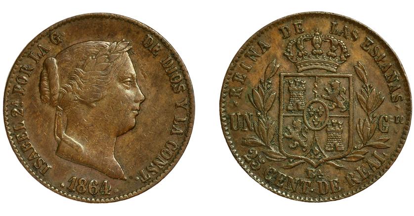 606   -  ISABEL II. 25 cts. de real. 1864. Barcelona. VI-144. Pequeñas marcas. MBC.