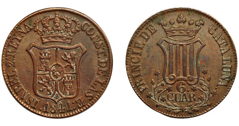 608   -  ISABEL II. 6 cuartos. 1841. Barcelona. Flores de 5 pétalos. VI-229. MBC.