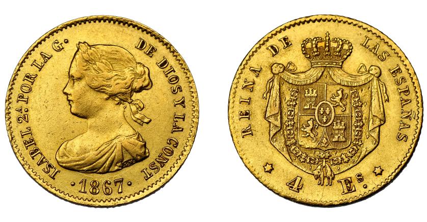 613   -  ISABEL II. 4 escudos. 1867. Madrid. VI-572. EBC-.