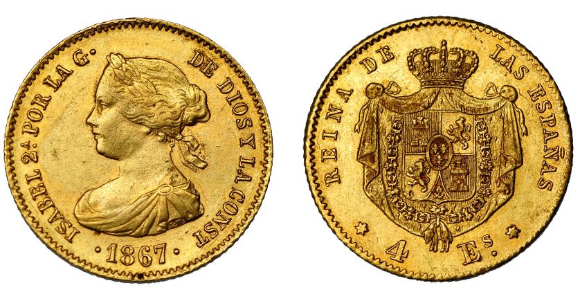 614   -  ISABEL II. 4 escudos. 1867. Madrid. VI-572. MBC+.