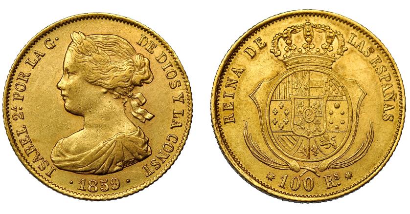 615   -  ISABEL II. 100 reales. 1859. Barcelona. VI-635. MBC+.