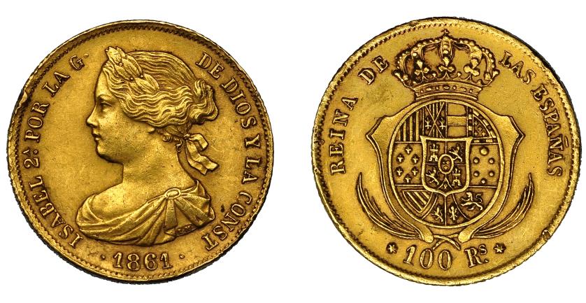 616   -  ISABEL II. 100 reales. 1861. Madrid. VI-648. Golpes en canto. MBC.