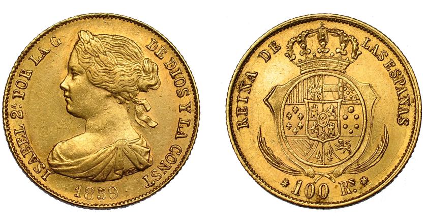 619   -  ISABEL II. 100 reales. 1859. Sevilla. VI-659. EBC-/MBC+.