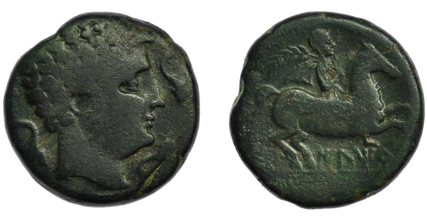 62   -  ILTIRTA. As. A/ Cabeza masculina a der. rodeada por tres delfines. R/ Jinete con palma y clámide a der.; debajo sobre línea ILTiRTa. AE 27,97 g. 32,3 MM. CNH-15. I- 1461. ACIP-1244. Pátina verde oscuro. BC+. Rara.