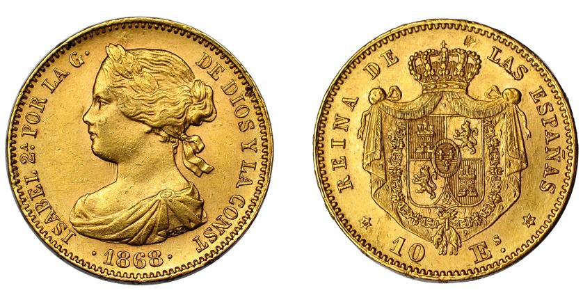620   -  ISABEL II. 10 escudos. 1868*18-68. Madrid. VI-668. EBC+/EBC.