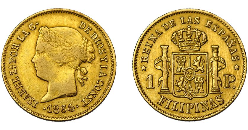 621   -  ISABEL II. 1 peso. 1864. Manila. VI-674. Rayitas. MBC-/MBC.
