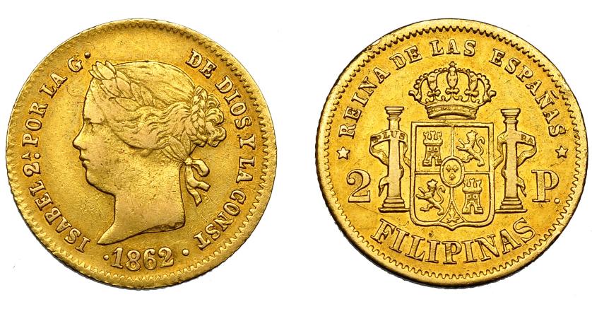 622   -  ISABEL II. 2 pesos. 1862. Manila. VI-680. R.B.O. MBC/MBC+.