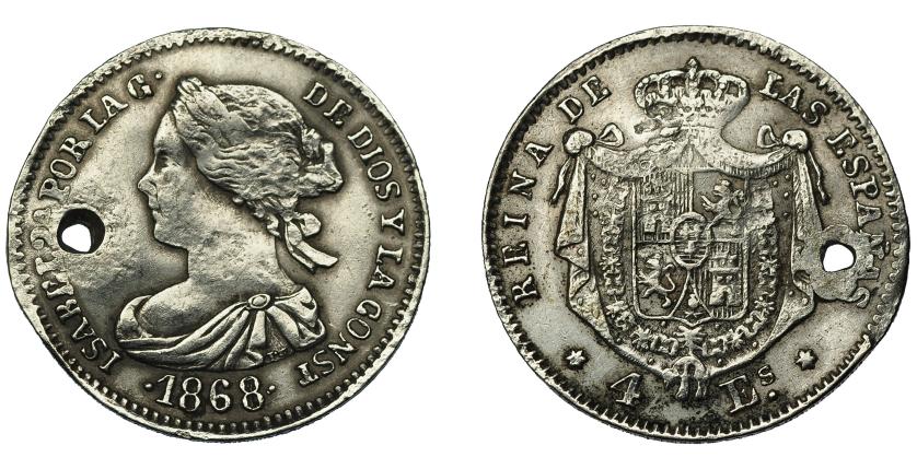 623   -  ISABEL II. 4 escudos. 1868. Madrid. Falsa de época en platino. Barrera-855. Agujero. Golpeada. BC.