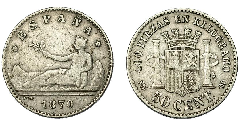 625   -  GOBIERNO PROVISIONAL. 50 céntimos. 1870*7--0. Madrid. SNM. VII-11. BC+/MBC-.