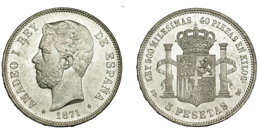 627   -  AMADEO I. 5 pesetas. 1871 *18-71. Madrid. SDM. VII-32. EBC+.