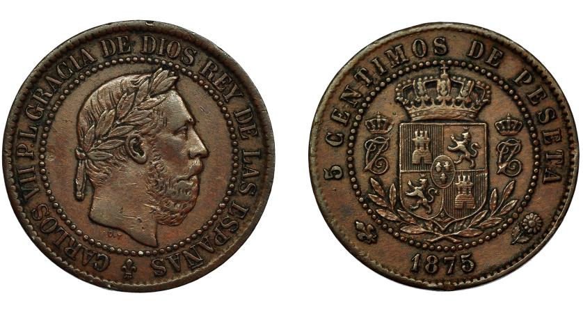 628   -  CARLOS VII. 5 céntimos. 1875. Bruselas. Rev. girado 180º. VII-116.1. MBC.