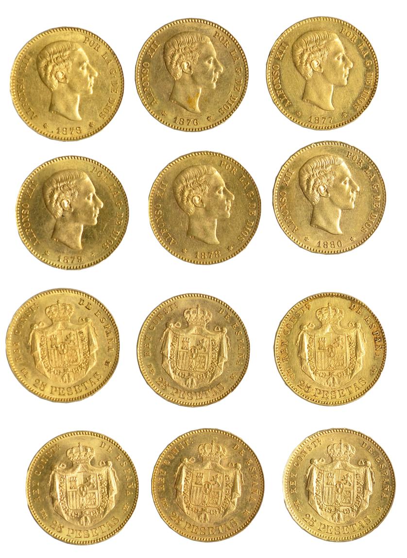 631   -  ALFONSO XII. Colección de 25 pesetas: 1876, 1877, 1878 DEM, 1878 EMM, 1879 y 1880. Total 6 piezas. EBC/EBC+.