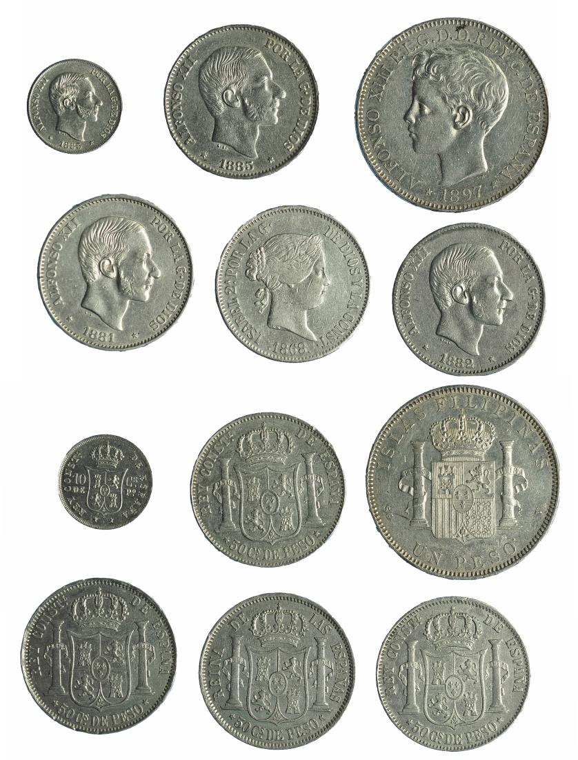 632   -  ALFONSO XII. Lote 6 monedas de Manila: 50 centavos (1868, 1881,1882 y 1885), 10 centavos (1885) y 1 peso (1897). De MBC a EBC+.