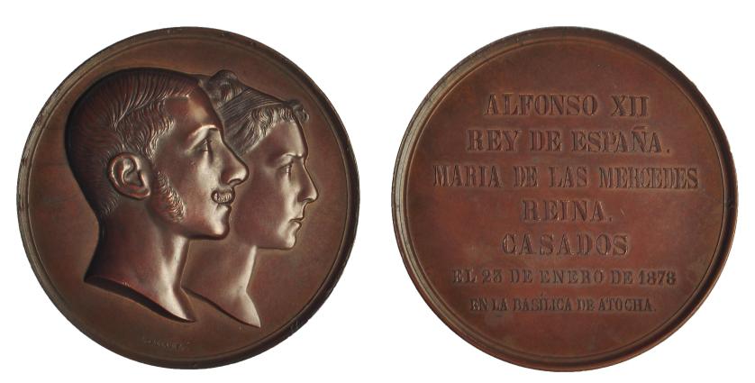 633   -  ALFONSO XII. Medalla. 1878. Boda con María de las Mercedes. AE 70 mm. Mínimos defectos. EBC+.