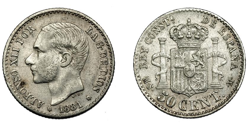 636   -  ALFONSO XII. 50 céntimos. 1881 *8-1. Madrid. MSM. VII-49. Raya en anv. MBC.