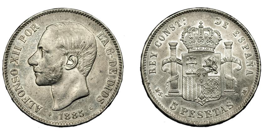 637   -  ALFONSO XII. 5 PESETAS. 1885 *18-87. Madrid. MSM. VII-93. Golpecito en canto. MBC+.