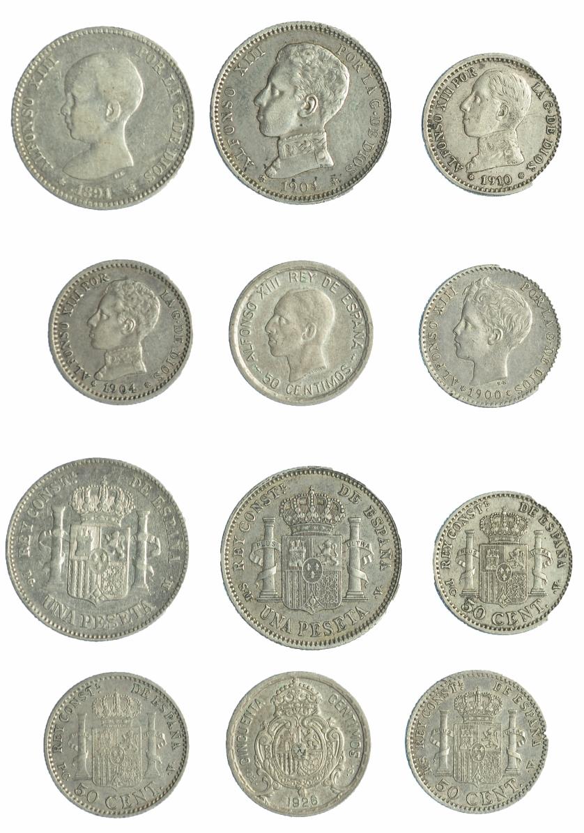 639   -  ALFONSO XIII. Lote de 6 monedas: 50 cts. (4: 1900, 1904, 1910 y 1926) y 1 pta. (2: 1891 y 1904). MBC-/MBC+.