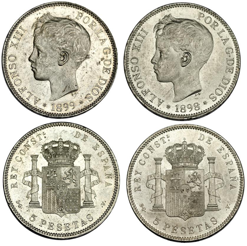 640   -  ALFONSO XIII. Lote de 2 monedas de 5 pesetas. 1898*18-98 SGV y 1899*18-99, SGV.  EBC+.